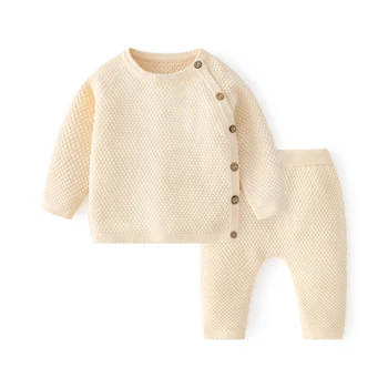 Комплекты для детей, хлопковые свитера для девочек и мальчиков, костюм, вязаная детская одежда с длинными рукавами на осень-зиму, джемпер для новорожденных Изображение