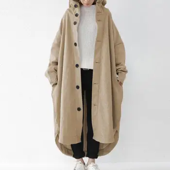 Пальто из удобной ткани, стильный женский зимний тренч с капюшоном, неровный подол, длина по щиколотку, плотная теплая модная верхняя одежда Изображение