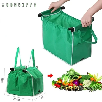 Новая зеленая тележка для покупок из супермаркета, сумка из нетканого материала, складная сумка для защиты окружающей среды, удобная подвесная сумка Изображение
