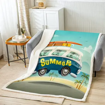 Фланелевое одеяло для летнего кемпинга, мультяшная автомобильная доска для серфинга, пушистое одеяло для детей в подарок, серфинг на океанских волнах Изображение