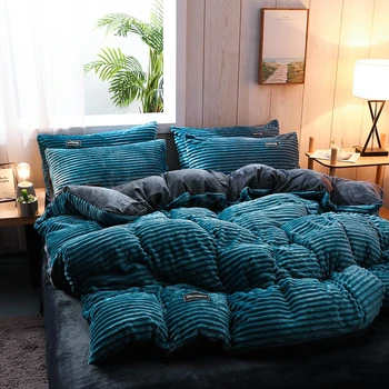 Толстый однотонный бархатный пододеяльник, зимний теплый комплект постельного белья, двойное стеганое одеяло, одеяло Twin Queen King 220 * 240 Изображение