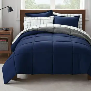 Просто чистая кровать из 5 предметов с антимикробным покрытием в сумке, синий сплошной принт, Twin /Twin XL Изображение