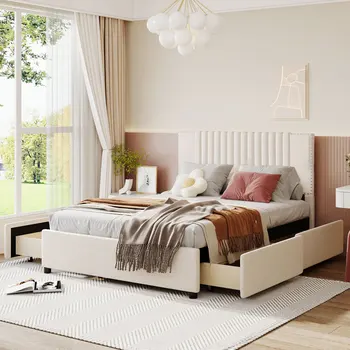 Обитая кровать-платформа с классическим изголовьем и 4 выдвижными ящиками, льняная ткань Изображение