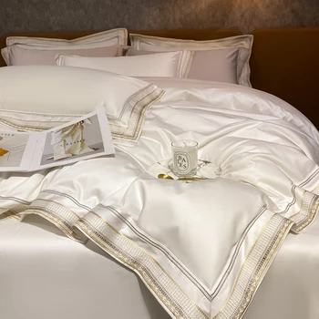 Роскошный комплект постельного белья King Size с вышивкой и пододеяльником из египетского хлопка, простыня, наволочки Изображение