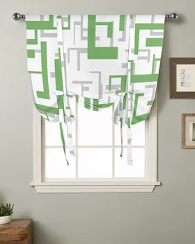 Геометрия современного искусства Зелено-Серый Кухня Короткий Карниз Карманные шторы Домашний Декор Маленькое окно Римские шторы на завязках Изображение