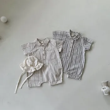 Одежда для маленьких мальчиков, повседневный комбинезон в Корейскую полоску 2023, Весенне-летняя мода, Хлопковые карманы, однобортный Короткий рукав Изображение