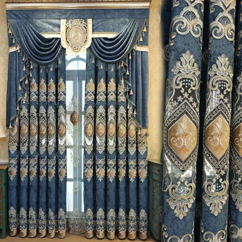Роскошные Европейские Синие шторы с вышивкой для гостиной, Высококачественное затемнение для спальни, Индивидуальная Вышивка, Сращивание балдахина. Изображение