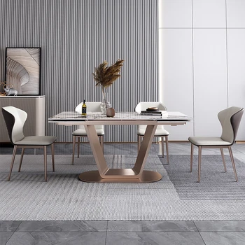 Итальянская комбинация обеденного стола и стульев 1,8 м Rock Kitchen С возможностью расширения, Мебель для салона, Прямоугольный стол на основе нержавеющей стали YH Изображение