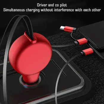 Адаптер автомобильного прикуривателя 3 В 1, зарядное устройство, выдвижной зарядный кабель Micro USB Type C, универсальный для iPhone / Android Телефонов Изображение