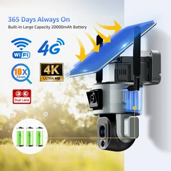 Солнечная камера 4G с двойным объективом и 10-кратным зумом, наружная Wi-Fi камера безопасности 4G, камера безопасности на солнечной энергии 4K HD, камера ночного видения с двусторонним разговором Изображение