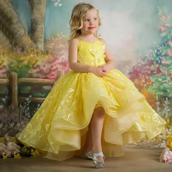 Желтые кружевные платья на тонких бретельках для девочек-цветочниц, бальное платье для первого причастия, выпускной бал, мода 2023 года Изображение