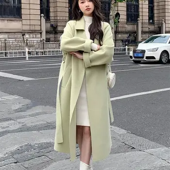 Двустороннее шерстяное пальто для женщин, длинное, весна и осень 2023, Новая корейская версия, свободное, для похудения, большое шерстяное пальто выше колена Изображение