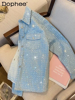Джинсовое пальто с тяжелой вышивкой и пайетками, Женская Новая осенняя одежда 2023 года, Корейский Свободный топ для отдыха, Высококачественная синяя куртка Casaco Feminino Изображение