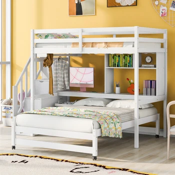 Белая двухместная двухъярусная кровать с лестницей для хранения, письменным столом, полками и вешалкой для одежды, для домашней мебели для спальни Изображение