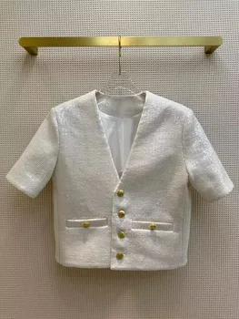 Винтажный Твидовый жакет с V-образным вырезом и коротким рукавом, расшитый блестками, женские золотые пуговицы, свободное короткое дизайнерское летнее пальто из смесовой шерсти. Изображение