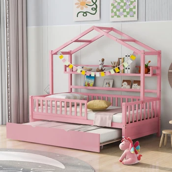 Деревянная домашняя кровать Twin Size с выдвижным ящиком, детская кровать с полкой, для внутренней мебели спальни розового цвета Изображение