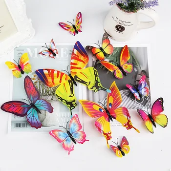 12 шт. Новый стиль, двухслойные 3D наклейки на стену с бабочками, декор для дома, Бабочки для свадебного украшения, Магнитные наклейки на холодильник Изображение
