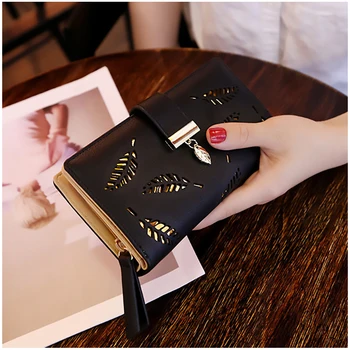 Модный женский кошелек-портмоне из искусственной кожи, женский длинный кошелек, золотой мешочек с полыми листьями, сумочка для женщин, кошелек для монет, держатели для карт, клатч Изображение