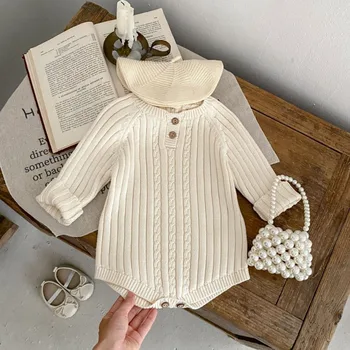 2023 Осенний свитер для маленьких девочек, боди, однотонный круглый вырез, длинный рукав, цельная трикотажная одежда для малышей Изображение