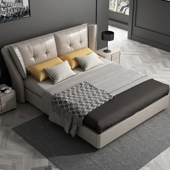 Итальянские кровати современный кожаный дизайн двуспальные кровати спальные гарнитуры мебель удобный каркас кровати из массива дерева высокое качество мода Изображение