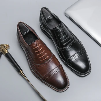 Роскошная брендовая мужская обувь из натуральной кожи, Офисная деловая обувь, мужская банкетная официальная обувь, мужская повседневная обувь высокого класса с острыми носками Изображение
