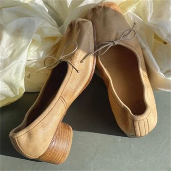 Женская обувь с узлом-бабочкой, квадратные носки, женские балетки, Однотонные женские туфли на среднем каблуке, Неглубокие Zapatos De Mujer, Плиссированная женская обувь Изображение