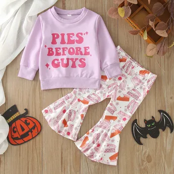 Осенне-зимние комплекты одежды для маленьких девочек на День Благодарения, топы с длинными рукавами и буквенным принтом, расклешенные брюки с цветочным рисунком, наряды из 2 предметов Изображение