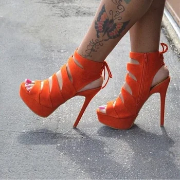 Оранжевые замшевые женские туфли-лодочки на платформе и высоком каблуке с открытым носком, завязывающиеся сзади, на высоком каблуке-шпильке, для банкета, Размер 46 Изображение