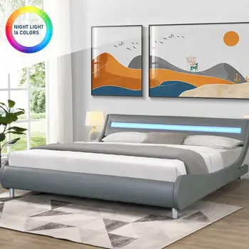 Каркас кровати-платформы, обитый искусственной кожей King Size, со светодиодной подсветкой серого цвета Изображение