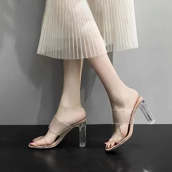 Прозрачные женские босоножки на высоком каблуке с квадратным носком, летняя обувь, женские прозрачные туфли-лодочки на высоком каблуке, свадебные тапочки на желеобразном каблуке Изображение