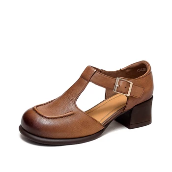 Женские кожаные туфли ручной работы из натуральной кожи Мэри Джейн в стиле ретро на квадратном каблуке и высоком каблуке с круглым носком Изображение