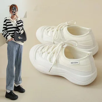 2023 Осенняя новая Корейская парусиновая обувь Женская студенческая серия, дышащие Модные уличные туфли для стрельбы, Маленькие белые туфельки Изображение