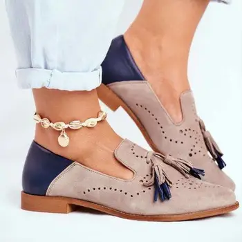Комфортная обувь для женщин, осень 2023, Новая мода, женские лоферы на плоской подошве с кисточками и круглым носком, Дышащая роскошная дизайнерская обувь Изображение