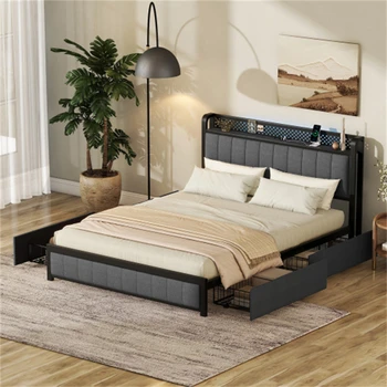 Каркас двуспальной кровати со светодиодным изголовьем, мягкая кровать с 4 ящиками для хранения и USB-портами, темно-серый Изображение