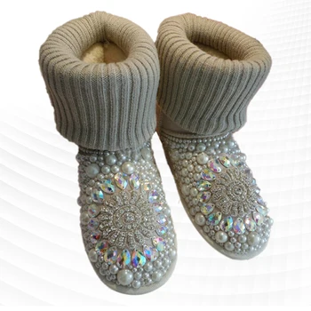 Модный тренд, нишевый дизайн, жемчужная цепочка со стразами, двойные толстые зимние ботинки для двоих, теплая нескользящая хлопчатобумажная женская обувь Изображение