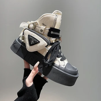 2023 Новые женские ботильоны, Модные ковбойские рыцарские ботинки в стиле панк-готика, Классические джинсовые парусиновые туфли, Короткие туфли на платформе в готическом стиле Изображение