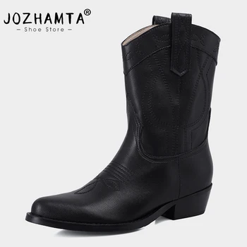 JOZHAMTA, размер 34-39, сапоги в стиле вестерн для ковбойши, замша, натуральная кожа, женская обувь на массивном каблуке, зимние повседневные ковбойские полусапожки Изображение
