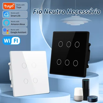 WiFi Smart Switch 110-240 В 4/6 групп Голосовое управление синхронизацией освещения С Alexa, Google Home, сенсорной панелью, управлением приложением Brazil 4x4. Изображение