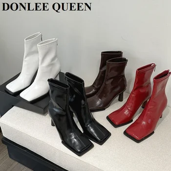Женские ботильоны 2023, модные вечерние туфли на высоком каблуке с квадратным носком, женские ботинки Челси, Дизайнерские эластичные пинетки, Современная бота Изображение