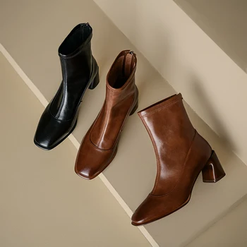 Женские ботильоны из натуральной кожи, элегантные модные ботинки Челси на толстом каблуке 6 см, большие размеры, Элегантный круглый носок, Y75 Изображение