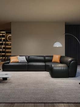 Итальянский минималистичный кожаный диван, гостиная в постмодернистском стиле, прямой угловой диван для трех или четырех человек, легкий роскошный диван Изображение