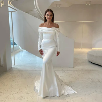 Сексуальные свадебные платья Русалки 2024 года со складками и длинными рукавами с открытыми плечами Белое атласное платье невесты Женское, сшитое на заказ Robe De Mariee Изображение