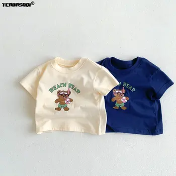 Детская хлопковая одежда, Модные футболки для маленьких девочек и мальчиков, Летние футболки с буквенным принтом Медведя из мультфильма, 3 м-3 года Изображение
