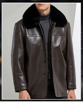 Мужская Зимняя верхняя одежда с воротником из искусственного меха, плюшевое пушистое пальто из искусственной кожи, коричневая куртка из искусственной кожи на пуговицах, размер Оверсайз 6xl Изображение