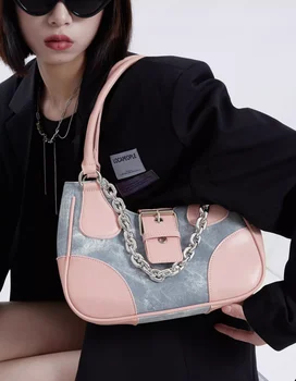 Y2k Розовая женская сумка джинсовая лоскутная сумка через плечо Sweet Cool Girls байкерская сумка через плечо Универсальные черные сумки Прямая поставка Изображение