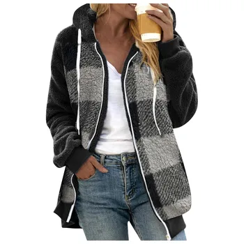 Женское зимне-осеннее тонкое пальто, повседневное пальто с капюшоном, сплошной карман на ремне, кулиска, пальто из искусственного плюша на молнии, женское пальто с длинным рукавом Изображение