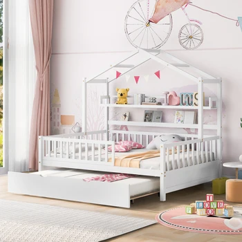 Белая деревянная домашняя кровать в натуральную величину с двухместным ящиком, детская кровать с полкой, для мебели для спальни в помещении Изображение