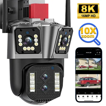 8K 16MP WiFi IP-камера с 10-кратным зумом 4K Наружная камера безопасности CCTV Видеонаблюдение Четырехобъективное Трехэкранное отслеживание искусственного интеллекта Ночное видение Изображение