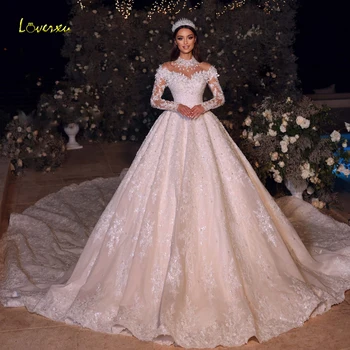 Бальное платье Loverxu Королевские Свадебные платья 2023 С высоким воротом и длинным рукавом Vestido De Novia Кружевная Вышивка Изысканное Женское платье Изображение