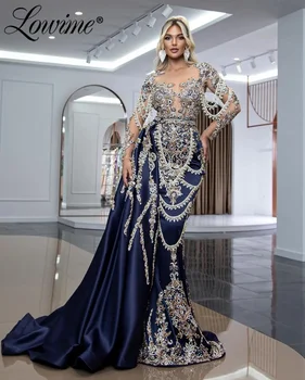 Темно-синие Роскошные арабские вечерние платья Русалка со съемным шлейфом, украшенные кристаллами, расшитые бисером, Свадебное платье для выпускного вечера на заказ Изображение
